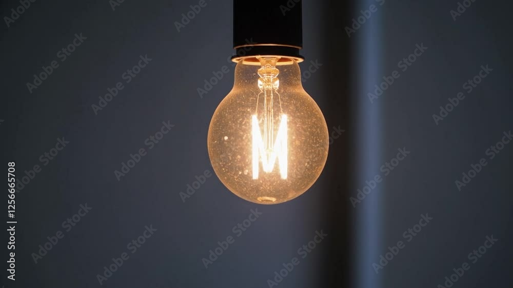 Illuminated Edison-style bulb with an 'M' filament, hanging against a dark wall.