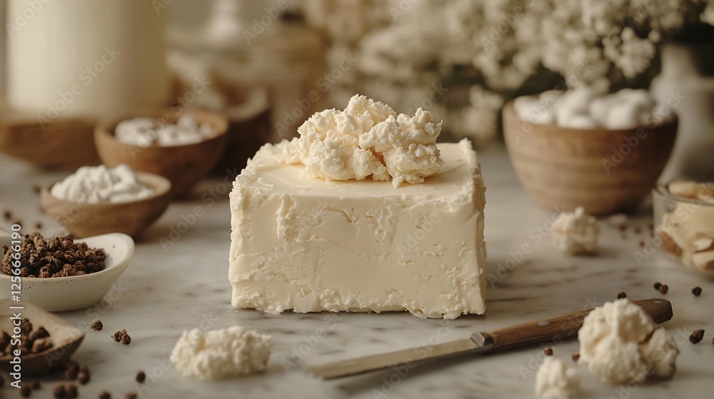 Fototapeta premium Creamy butter block adorned with fluffy toppings, surrounded by rustic kitchen ingredients