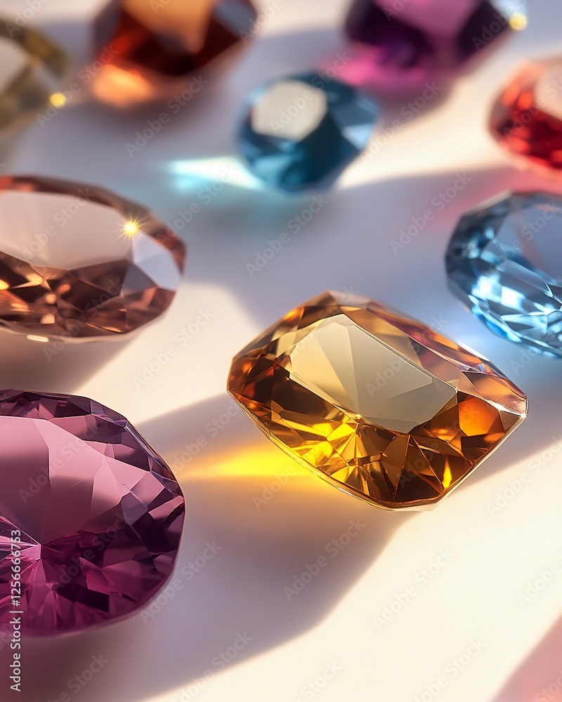 Colorful gemstones arranged on a white surface, illuminated by sunlight, showcasing their brilliance and facets. Colorful gemstones arranged on a white surface, illuminated by sunlight, showcasing their brilliance and facets.