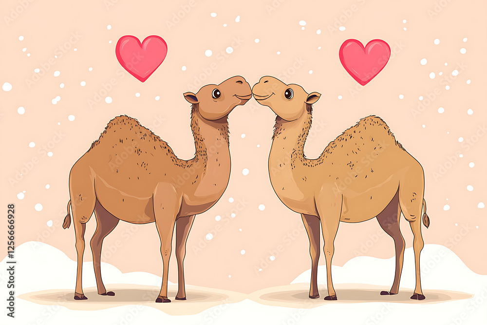 Two cartoon camels affectionately nuzzling each other against a soft pink background with hearts Two cartoon camels affectionately nuzzling each other against a soft pink background with hearts