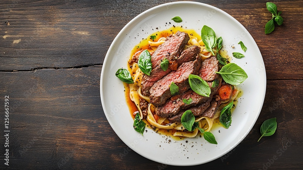 Sliced steak with pasta, herbs, and sauce on a white plate. Sliced steak with pasta, herbs, and sauce on a white plate.