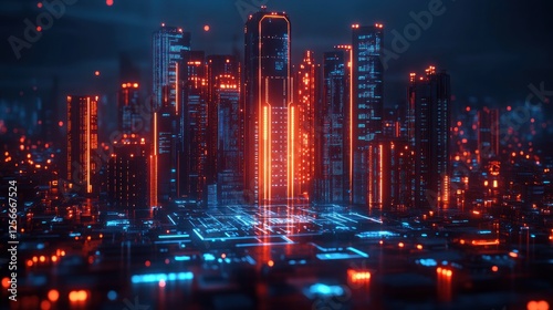 Wallpaper Mural 
Futuristic city, neon lights, glowing skyscrapers, digital cityscape, advanced technology, glowing architecture, bright colors, electronic network Torontodigital.ca