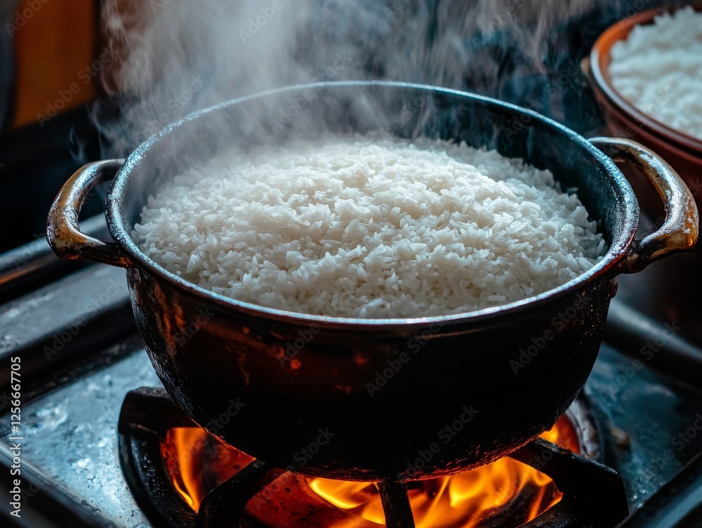 Rice cooking in a pot on stove. Featuring rice being cooked in a pot on a stove. Highlighting home cooking and kitchen activity. Ideal for culinary and domestic visuals. Rice cooking in a pot on stove. Featuring rice being cooked in a pot on a stove. Highlighting home cooking and kitchen activity. Ideal for culinary and domestic visuals.