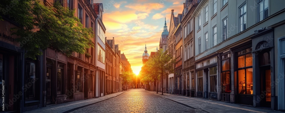 Fototapeta premium Sunset over historic european street with cobbled road and elegant architecture
