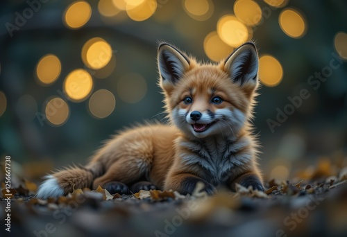 Adorable Red Fox Kit Lying Among Autumn Leaves photo