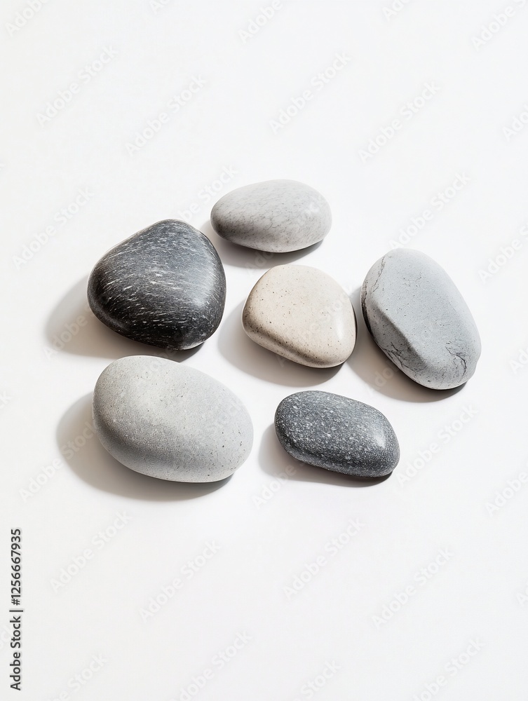 Seven smooth grey, black, and beige stones arranged on a white background. Seven smooth grey, black, and beige stones arranged on a white background.