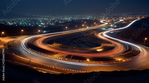 Night cityscape with winding highway and light trails.