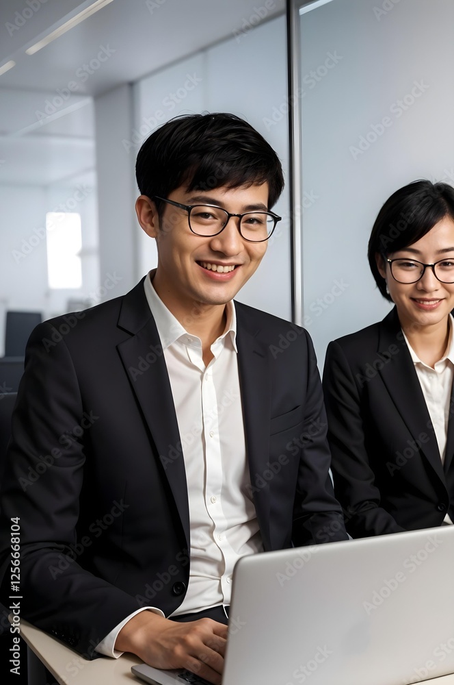 A business setting with two young Asian professionals in black suits and white shirts, working whit a lap top. A business setting with two young Asian professionals in black suits and white shirts, working whit a lap top.