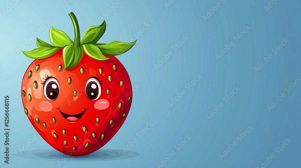 Obraz premium Cartoon strawberry character with a cheerful expression on a light blue background