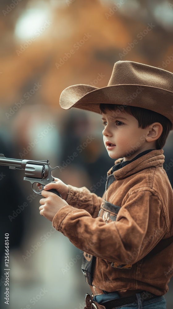 Fototapeta premium Young boy in cowboy costume confidently plays with a toy gun during a fun costume celebration