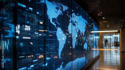 Wallpaper Mural A high-tech control room displaying a giant, interactive world map on a glass screen, with major cities glowing and digital labels showing real-time data. Torontodigital.ca