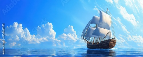 Majestic sailing ship on calm ocean under vibrant blue sky