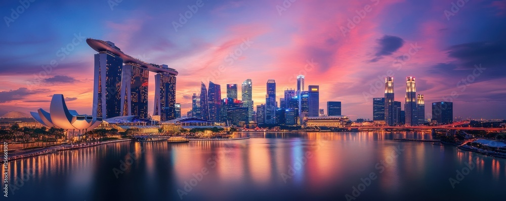 Obraz premium Stunning marina bay sands and singapore skyline at sunset over water