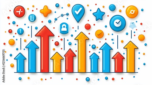 Colorful graphic representation of growth indicators with arrows and icons on a white background