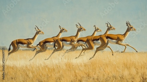 A dynamic painting captures a herd of graceful gazelles in full stride across a golden savanna photo