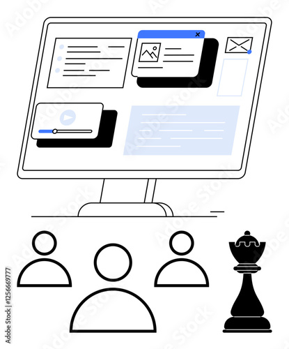 Computer monitor displaying web pop-ups, video player, and email. Includes user icons and chess king. Ideal for teamwork, strategy, communication, decision-making, innovation online learning