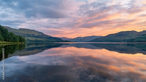 Serene sunset reflected in a calm lake, surrounded by mountains.