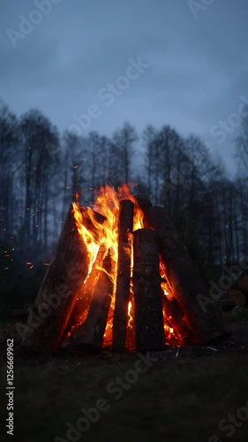 Cozy campfire at night in forest with glowing sparks