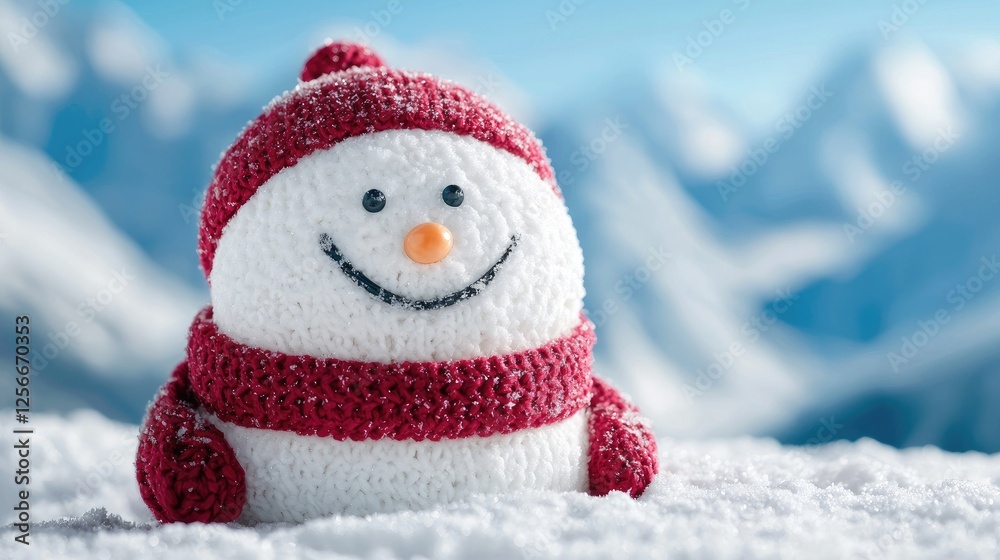 Festive snowman in snowy mountains; winter scene; holiday decoration; perfect for greeting cards or social media Festive snowman in snowy mountains; winter scene; holiday decoration; perfect for greeting cards or social media