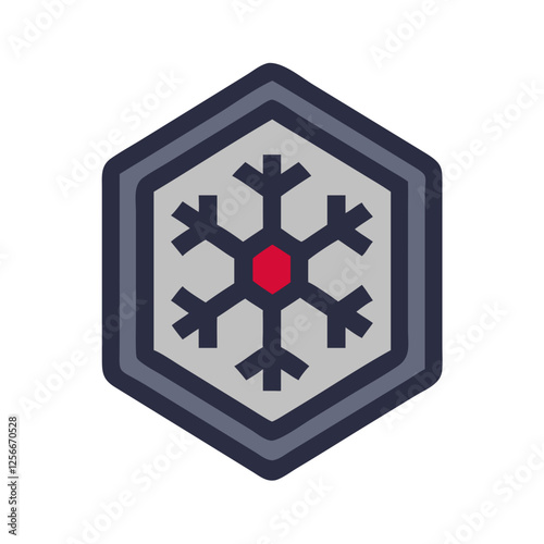 Snowflake icon in hexagon shape with red center and gray background