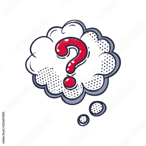 Question bubble icon in comic style with red question mark on white background