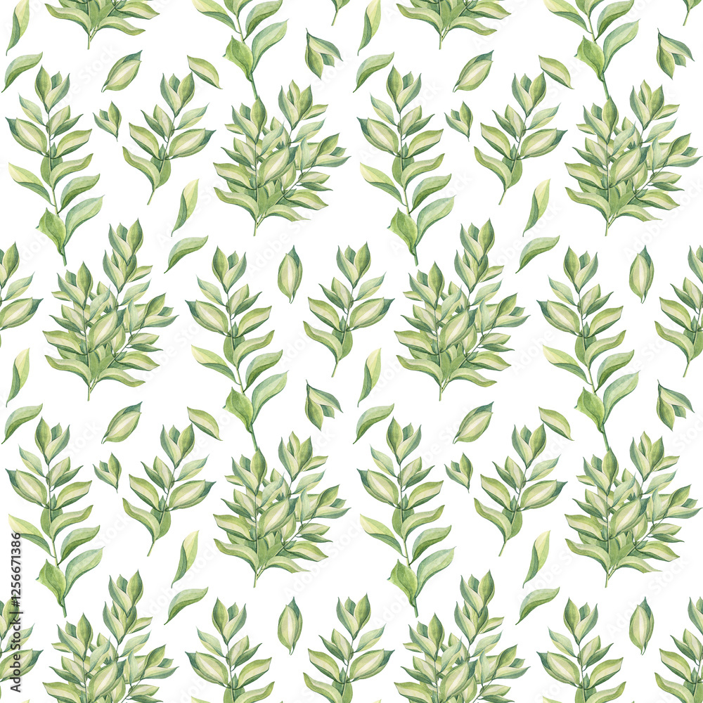 Watercolor seamless pattern with green bouquet with leaf of flower succulent on white background. Hand-drawn summer wild plant foliage. Botanical nature for tea or wallpaper wrapping textile kitchen Watercolor seamless pattern with green bouquet with leaf of flower succulent on white background. Hand-drawn summer wild plant foliage. Botanical nature for tea or wallpaper wrapping textile kitchen
