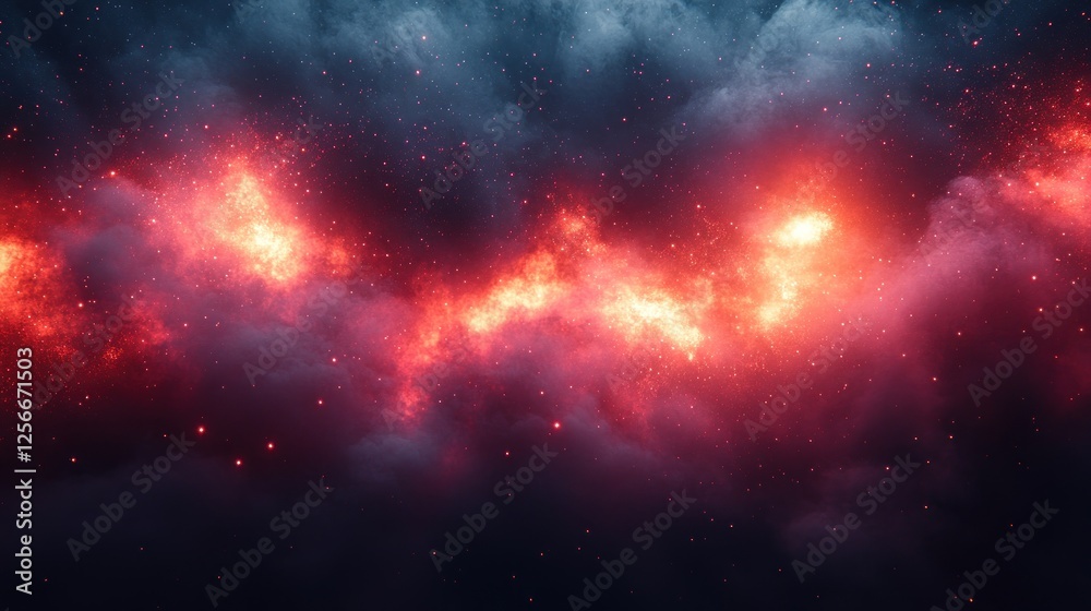 Naklejka premium A vibrant cosmic scene showcasing swirling clouds of red and orange nebulae against a dark backdrop