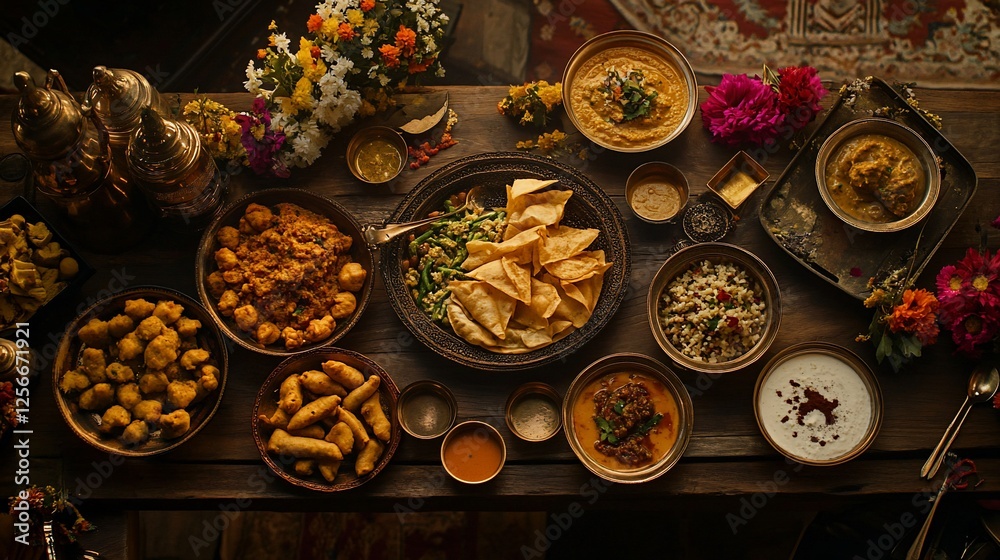 Overhead view of a rustic wooden table laden with a variety of delicious Indian dishes, vibrant flowers, and antique serving pieces. Overhead view of a rustic wooden table laden with a variety of delicious Indian dishes, vibrant flowers, and antique serving pieces.