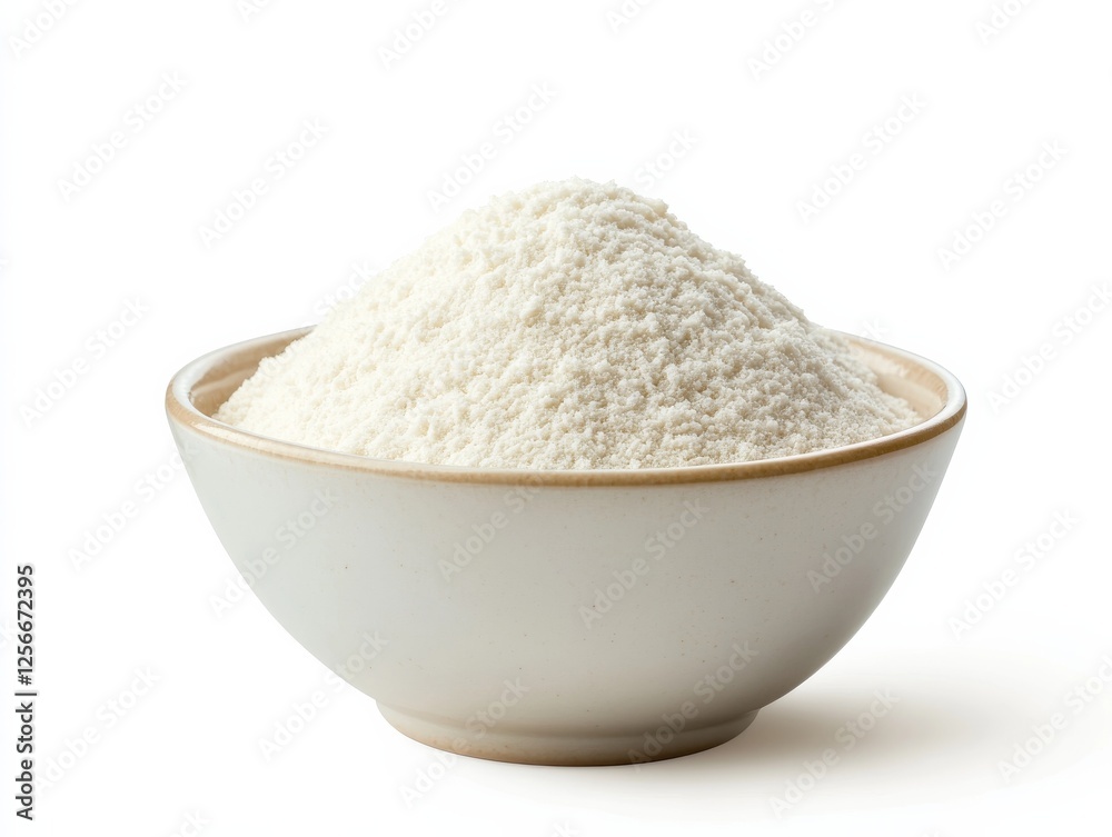 Rice flour in a bowl. Featuring a bowl of rice flour. Highlighting traditional ingredient and culinary preparation. Ideal for food and kitchen visuals. Rice flour in a bowl. Featuring a bowl of rice flour. Highlighting traditional ingredient and culinary preparation. Ideal for food and kitchen visuals.