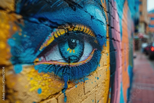 Graffiti on a brick building with a blue eye urban street art scene abstract artistic expression concept of art galleries creative agencies marketing firms