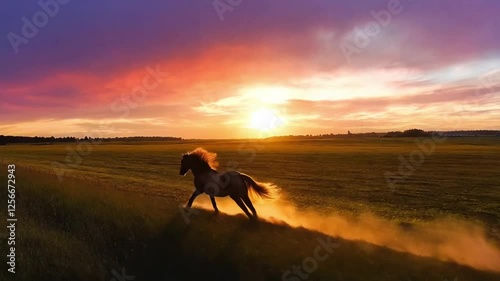 A majestic horse galloping freely across a wide-open field at sunset, with golden light streaming through its mane. 