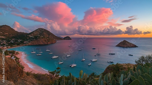 Pink sunset over a calm bay with numerous yachts anchored near a pristine beach and lush vegetation.