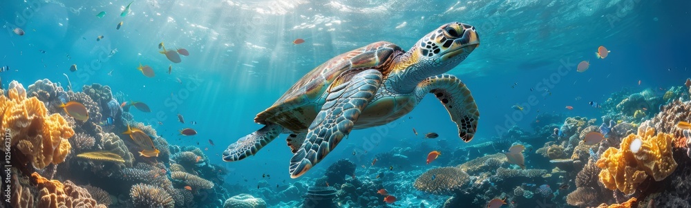 Obraz premium Sea turtle gracefully swimming in the clear blue sea, gliding through the water with ease - concept of nature, freedom, tranquility