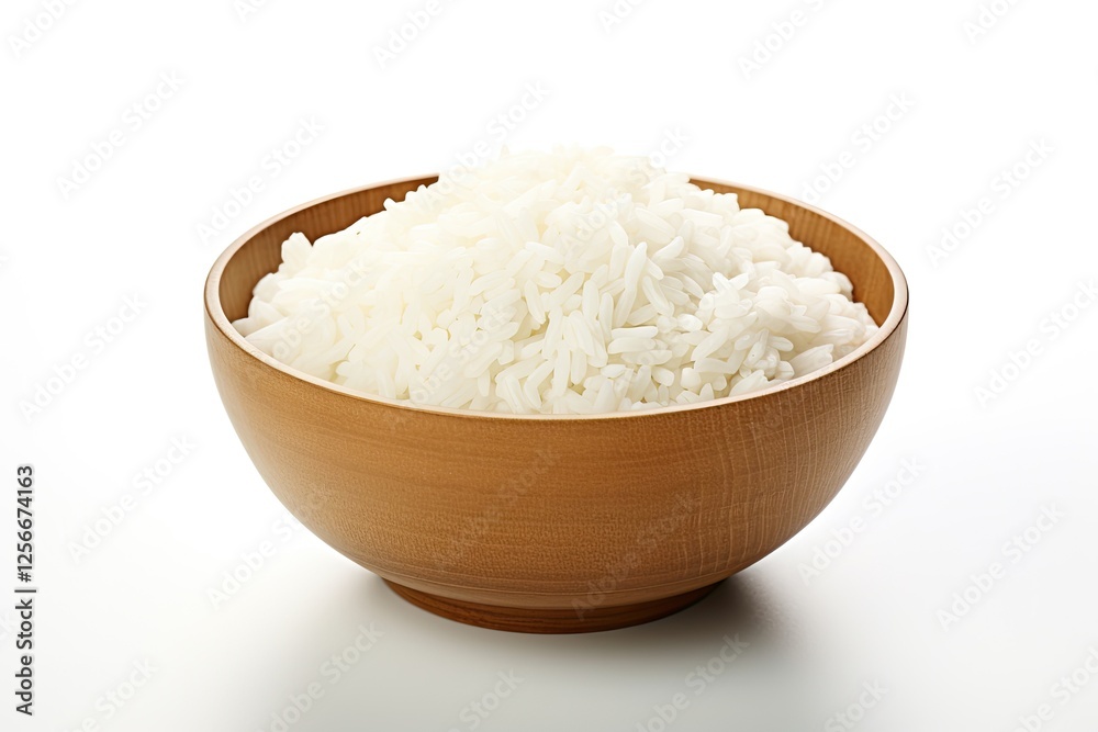 Rice in a white bowl on a white surface Rice in a white bowl on a white surface