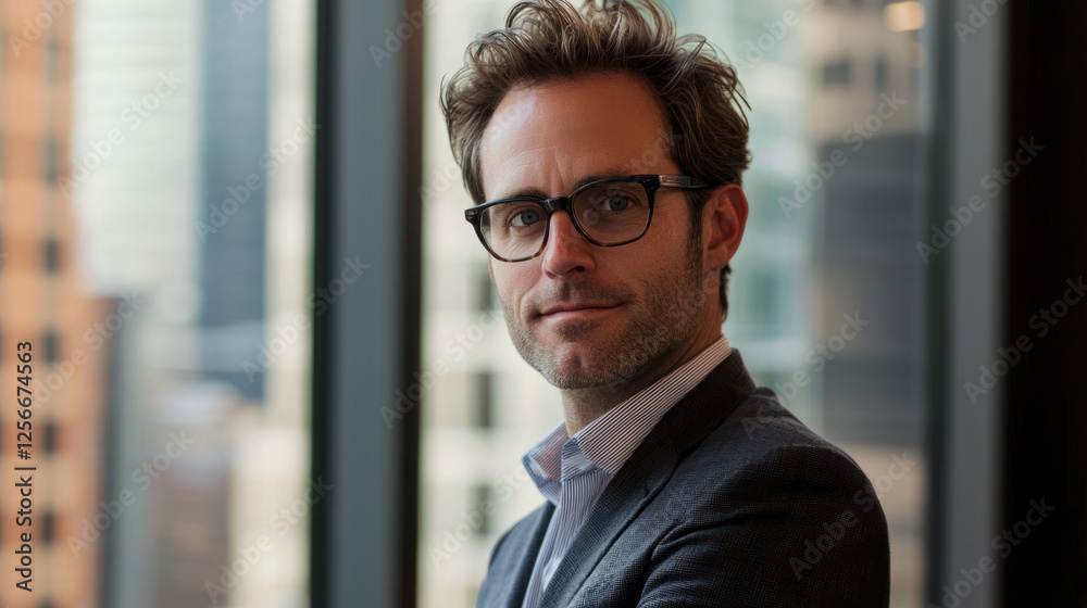 A professional man in suit stands confidently by large window, showcasing modern cityscape A professional man in suit stands confidently by large window, showcasing modern cityscape