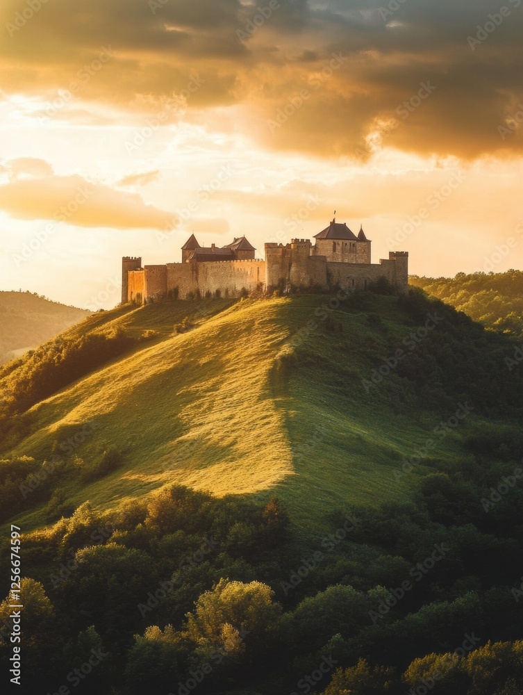 Obraz premium Majestic medieval castle perched on a green hill during a vibrant sunset sky. Generative AI