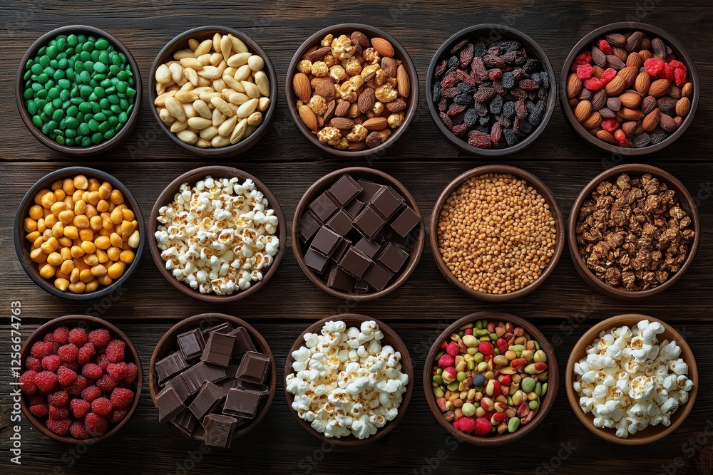 Fototapeta premium Healthy Snack Arrangement: Nuts, Seeds, Dried Fruit, and More
