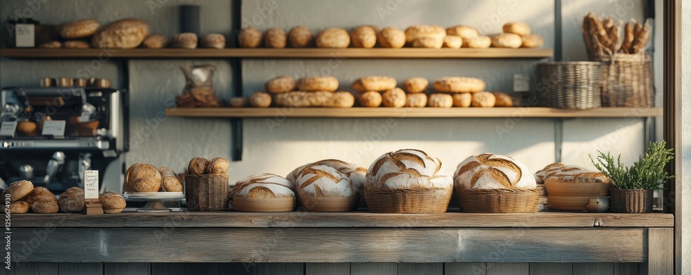 Rustic bakery display with fresh artisan bread on wooden counter Rustic bakery display with fresh artisan bread on wooden counter