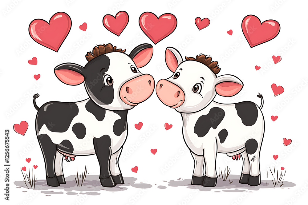 Obraz premium Two cartoon cows with hearts surrounding them, expressing affection in a playful, whimsical style