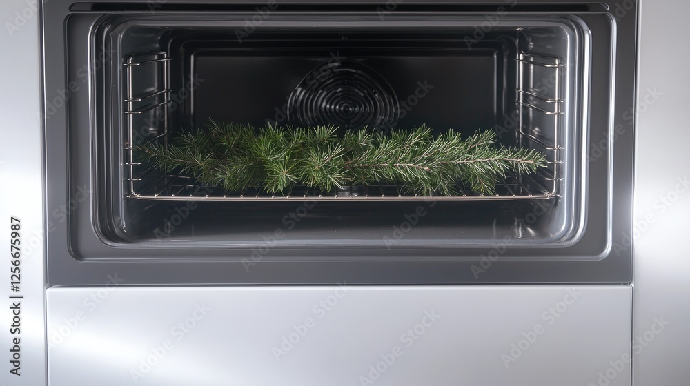 Obraz premium Pine branch inside oven, kitchen setting, Christmas baking