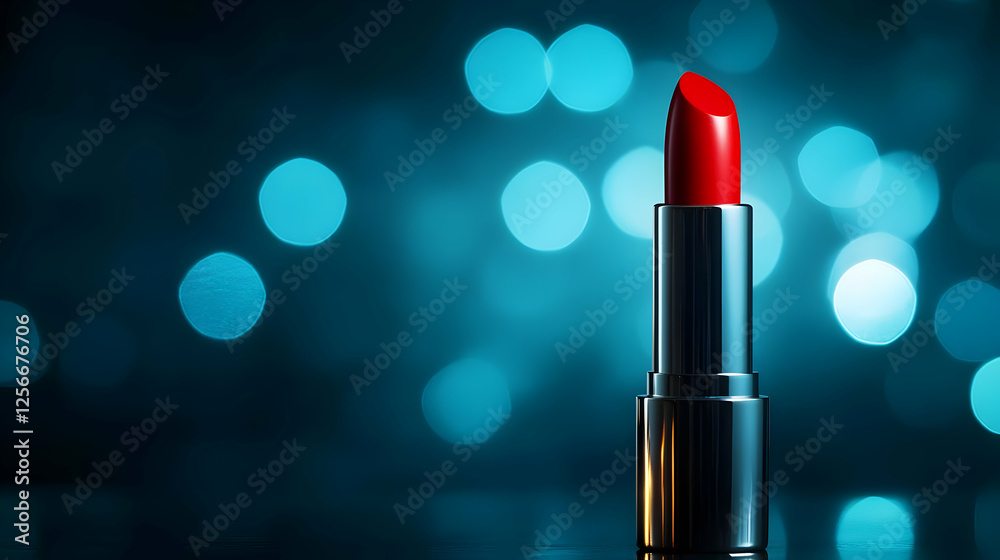 A vibrant red lipstick standing out against a blurred blue background, symbolizing beauty and elegance. A vibrant red lipstick standing out against a blurred blue background, symbolizing beauty and elegance.