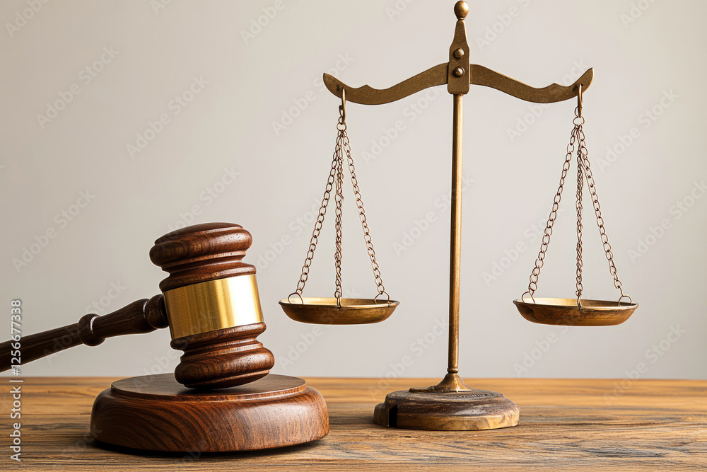 Law and justice concept with judge's gavel and balance scales on wooden table Law and justice concept with judge's gavel and balance scales on wooden table