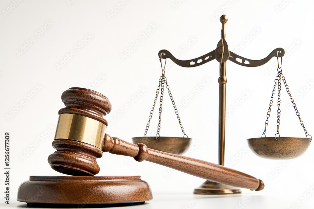Legal authority symbol with wooden gavel and justice scales on reflective surface Legal authority symbol with wooden gavel and justice scales on reflective surface