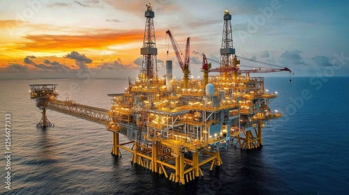 Offshore oil rig at sunset with glowing lights and ocean backdrop