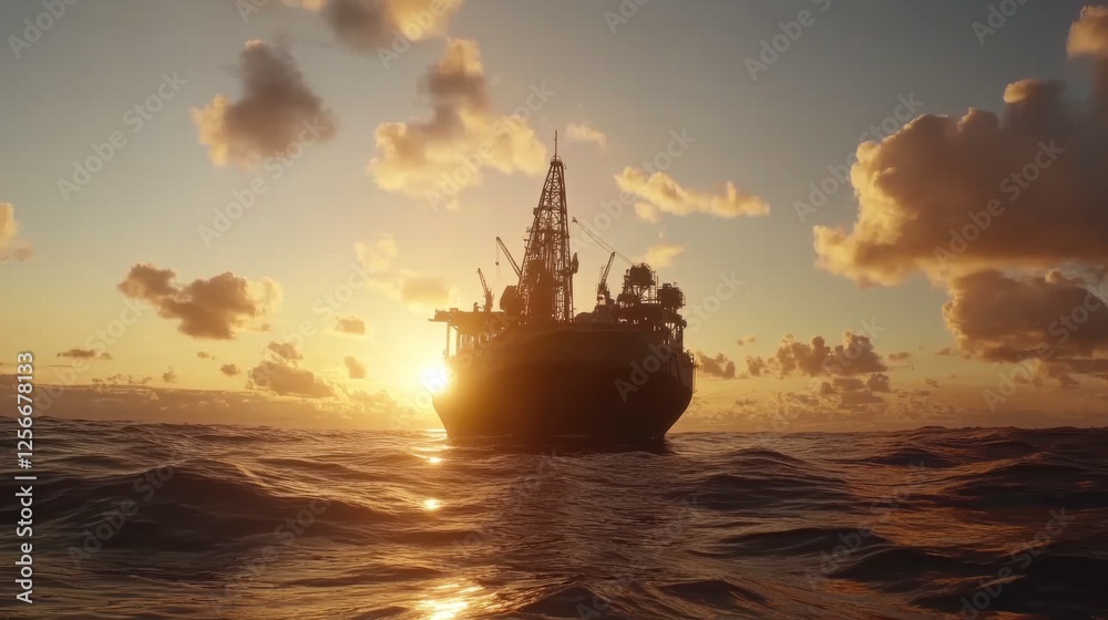 Obraz premium Vibrant Sunset Over Offshore Oil Platform in Calm Ocean Waters