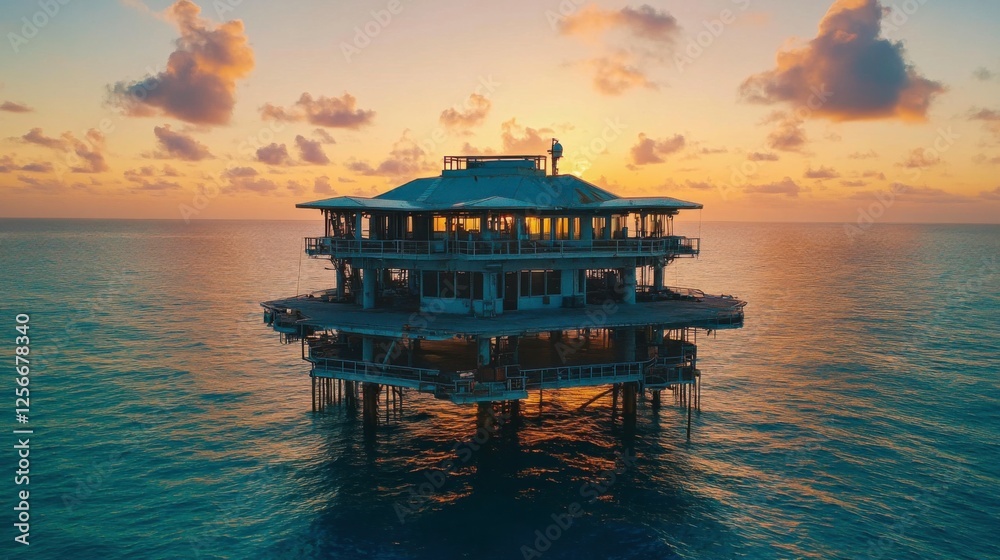 Aerial View of Modern Structure Surrounded by Vast Ocean at Sunset Aerial View of Modern Structure Surrounded by Vast Ocean at Sunset