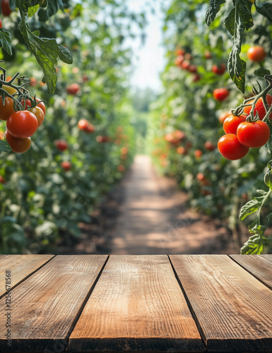 A lush tomato farm with vibrant red tomatoes hanging from vines, creating a picturesque countryside scene. The rustic wooden table in the foreground enhances the organic, farm-to-table aesthetic.
