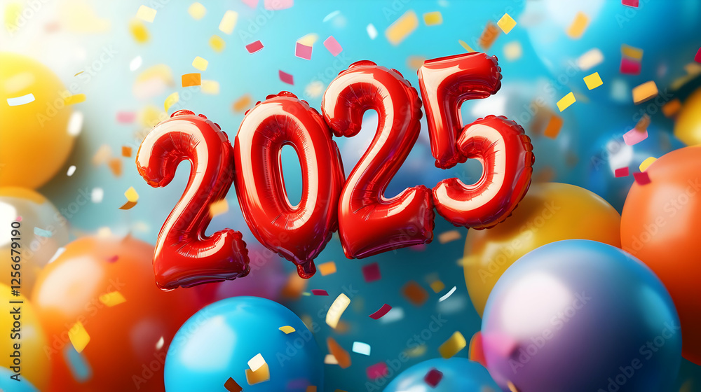 Celebrate New Year 2025 with colorful balloons and confetti for a festive atmosphere full of joy and excitement. Celebrate New Year 2025 with colorful balloons and confetti for a festive atmosphere full of joy and excitement.