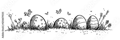 decorated Easter eggs in grass with butterflies monochrome doodle sketch engraving, laser cutting vector