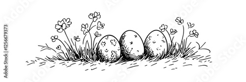 Easter eggs in grass with flowers doodle sketch black vector engraving 
